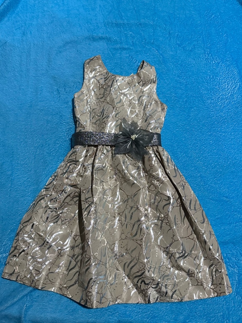 Girls Metallic Taupe Party Dress with Black 
/Silver Belt